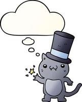 chat de dessin animé portant un chapeau haut de forme et une bulle de pensée dans un style de dégradé lisse vecteur