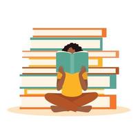 visage de fille afro-américaine lisant un livre. concept avec de nombreux livres vecteur