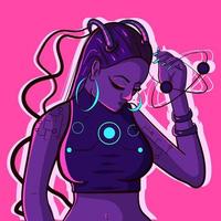 art conceptuel ultraviolet d'une cyber-femme robotique du futur avec puces et équipement technologique. fille futuriste avec des câbles et des cheveux violets portant une armure vecteur