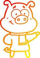 ligne de gradient chaud dessinant un cochon de dessin animé heureux portant des vêtements chauds vecteur