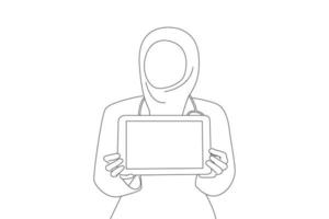 dessin d'une jeune femme médecin musulmane démontrant un écran vierge de tablette. art de style de dessin de contour vecteur