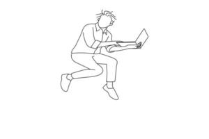 illustration d'un homme d'affaires excité sautant avec un ordinateur portable dans les mains isolé sur fond blanc. art de style de dessin de contour vecteur