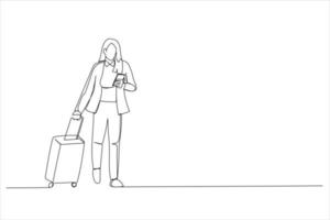 illustration d'une femme marchant avec une valise à l'aéroport et utilisant un smartphone. un style d'art en ligne continue vecteur