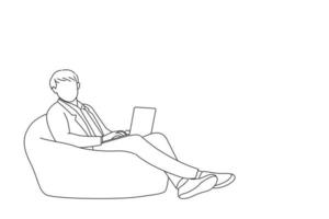 dessin animé d'homme d'affaires assis chaise programmeur chat type ordinateur portable isolé. art de style de dessin de contour vecteur