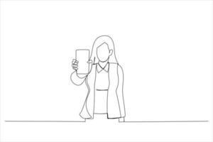 illustration d'une jeune femme tenant un smartphone, montrant un gadget à la caméra. style d'art en une ligne vecteur