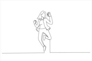 illustration d'une femme debout isolée sur fond blanc, utilisant un téléphone portable, célébrant, sautant. un style d'art en ligne continue vecteur