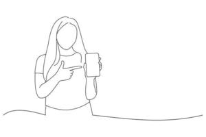illustration d'une jeune femme heureuse tenant un téléphone portable à écran vide et pointant du doigt. art de style de dessin de contour vecteur