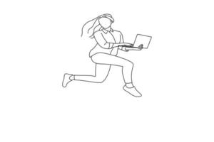 dessin de jeune femme d'affaires heureux sauter aller courir tenir ordinateur portable isolé fond blanc. art de style de dessin de contour vecteur