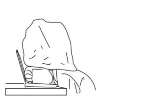 dessin animé de jeune homme d'affaires avec sa tête coincée entre un clavier d'ordinateur portable et un rocher. art de style de dessin de contour vecteur