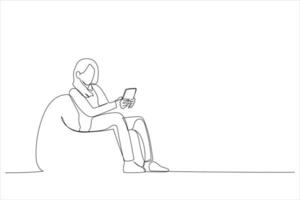 dessin animé d'une jeune femme assise dans un fauteuil confortable et moelleux tenant des collègues de conversation téléphonique. style d'art en ligne continue unique vecteur