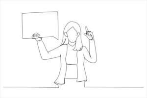 dessin d'une femme d'affaires tenant une bulle de dialogue vide, pointant le doigt vers le haut, espace de copie. style d'art en ligne unique vecteur