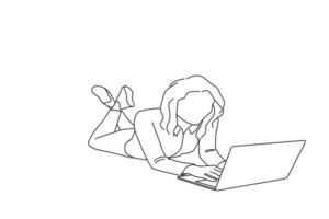 dessin animé d'une femme d'affaires allongée sur un ordinateur portable de travail au sol obtenir une notification de blog incroyable impressionné crier wow omg. style de dessin au trait vecteur