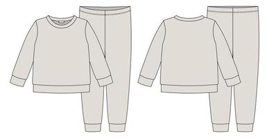 croquis technique de pyjamas de vêtements. couleur grise. sweat-shirt et pantalon en coton pour enfants. modèle de conception de vêtements de nuit pour enfants. vecteur