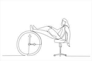 dessin animé d'une femme d'affaires endormie allongée sur une chaise de bureau et un réveil a couvert son visage avec un livre. dépression de l'après-midi, métaphore de la paresse. style d'art en ligne continue unique vecteur