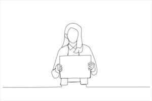 dessin de femme d'affaires montrant une enseigne vierge. espace de copie vide pour un slogan. style d'art en ligne unique vecteur
