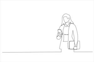 dessin d'une jeune femme d'affaires tenant son ordinateur portable tout en utilisant son téléphone et debout dans la rue. style d'art en ligne unique vecteur