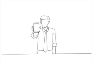 illustration d'un jeune homme tenant un smartphone, montrant un gadget à la caméra. style d'art d'une ligne vecteur