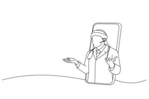 dessin d'un médecin arabe dans un casque, jetant un coup d'œil sur un grand écran de smartphone. art de style de dessin de contour vecteur