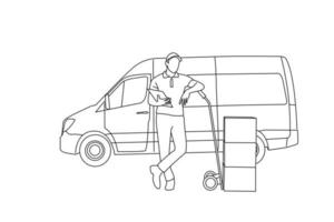 dessin de courrier masculin avec fourgon de livraison avec des boîtes et un camion à main isolé sur fond blanc. style de dessin au trait vecteur