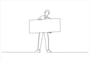illustration d'un beau jeune homme d'affaires tenant un grand blanc avec espace de copie. art de style une ligne vecteur