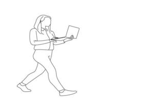 illustration d'une femme d'affaires attrayante à pied bureau tenir les mains de l'ordinateur portable réunion appel vidéo travailleur occupé isolé fond blanc. art de style de dessin de contour vecteur