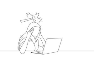 dessin animé d'une femme stressée souffrant de migraine avec un ordinateur portable assis dans une table à la maison. style de dessin au trait vecteur