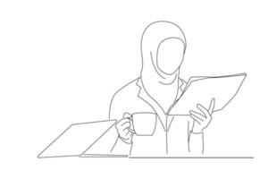 dessin d'une femme avec une tasse de café lisant un journal à table avec un ordinateur portable au café. style de dessin d'art en ligne vecteur