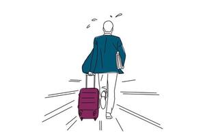 illustration de la vue arrière de l'homme d'affaires avec des bagages en cours d'exécution sur l'aéroport. style d'art d'une ligne vecteur