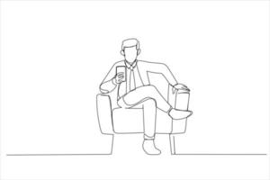 illustration d'un homme utilisant un smartphone annonçant une nouvelle application mobile, envoyant des SMS en ligne assis dans un fauteuil. style d'art d'une ligne vecteur