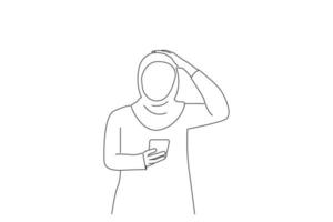 illustration d'une jeune femme arabe stressée ou inquiète avec la main sur la tête lisant des nouvelles frustrantes. style de dessin au trait vecteur