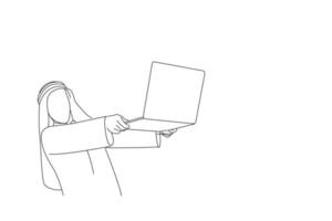 dessin d'homme d'affaires arabe avec ordinateur portable. art de style de dessin de contour vecteur