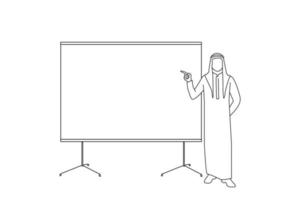 illustration d'un jeune homme d'affaires arabe montrant sur un tableau blanc isolé sur fond blanc. art de style de dessin de contour vecteur