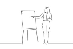 l'illustration d'une jeune entraîneure ou conférencière fait une présentation sur tableau blanc pour divers employés au bureau. art de style de dessin de contour vecteur