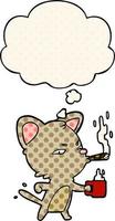 chat de dessin animé avec café et cigare et bulle de pensée dans le style de la bande dessinée vecteur