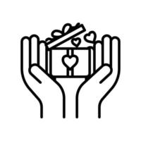 icône de la main avec boîte-cadeau. icône liée à la charité, à l'affection, à l'amour. style d'icône de ligne. conception simple modifiable vecteur