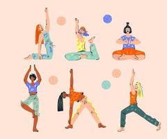 ensemble de femmes faisant des exercices de yoga. soins du corps et collection d'activités de remise en forme saine. équilibre mental et entraînement de méditation, relaxation. personnages de vecteur de dessin animé plat isolés.