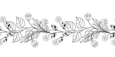 bordure de modèle sans couture rustique vintage avec motif floral. illustration de ligne de fleurs noir et blanc. fleur de cloche et marguerite avec des feuilles vecteur