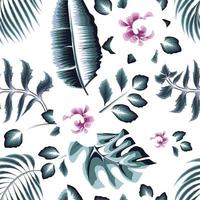 modèle sans couture tropical monochromatique vert vintage avec des feuilles de monstère de noix de coco et des fleurs abstraites roses sur fond blanc. fond fleuri. tropiques exotiques. conception d'été. fond d'écran d'automne vecteur