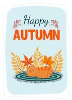 carte de voeux avec chat endormi sur le tapis et les feuilles d'automne. bonne citation d'automne. imprimer comme une carte ou une affiche confortable. automne, fête des récoltes, jour de thanksgiving, concept de saison confortable. vecteur