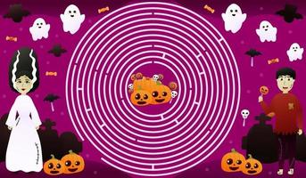labyrinthe en cercle pour les enfants avec un personnage d'halloween coloré, trouver le chemin des bonbons, des visages de citrouille mignons et des fantômes volants sur fond violet, feuille de travail imprimable pour les livres d'halloween ou pour enfants vecteur