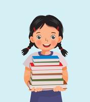 jolie petite étudiante tenant une pile de livres vecteur