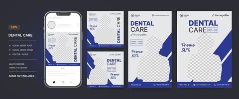 modèle de conception de flyer de publication, d'histoire et d'affiche de médias sociaux de soins dentaires avec vecteur de maquette de téléphone portable