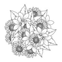 conception de vecteur d'art de doodle de tournesol avec page de coloriage d'art en ligne et dessin de croquis faciles au crayon simple