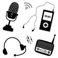 un ensemble d'icônes diverses en noir et blanc pour les podcasts. vecteur