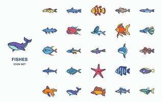 poisson de mer et jeu d'icônes sous-marines vecteur
