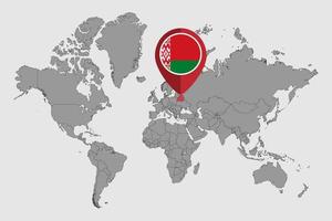 épinglez la carte avec le drapeau de la biélorussie sur la carte du monde. illustration vectorielle. vecteur