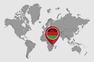 épinglez la carte avec le drapeau du malawi sur la carte du monde. illustration vectorielle. vecteur