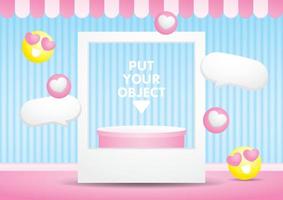 joli présentoir de podium rose pastel avec cadre photo et éléments graphiques d'émoticône vecteur d'illustration 3d pour mettre votre objet