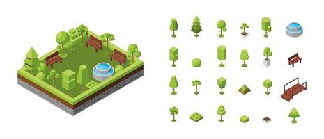 illustration isométrique vectorielle. concept de parc écologique, aires de loisirs avec fontaine. paysage naturel, environnement. réserve naturelle paysagée, forêt, bosquet. arbres icônes isométriques 3d vecteur