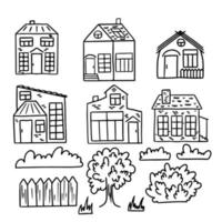 ensemble de jolies maisons isolées sur fond blanc. croquis dessiné à la main dans un style doodle. image vectorielle, clipart, détails modifiables. maisons pour les livres à colorier. vecteur